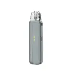 Grey pod-style vape with a clear mouthpiece and a yellow LED indicator on the body.