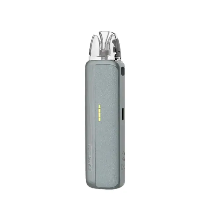 Grey pod-style vape with a clear mouthpiece and a yellow LED indicator on the body.
