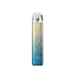 Compact disposable vape with a clear mouthpiece and gradient blue-to-gold body.
