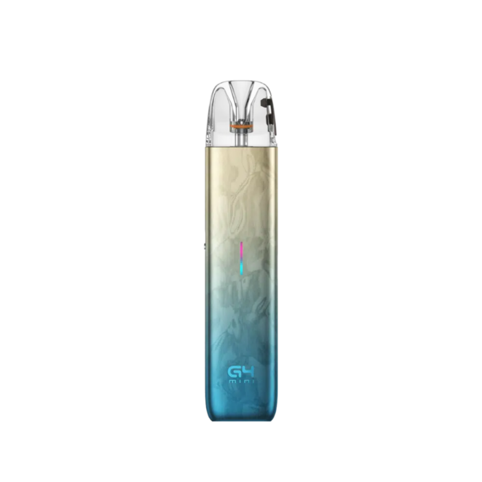 Compact disposable vape with a clear mouthpiece and gradient blue-to-gold body.