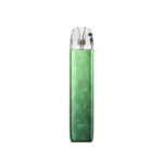 Green vape pod device with a transparent top and LED indicator, standing upright