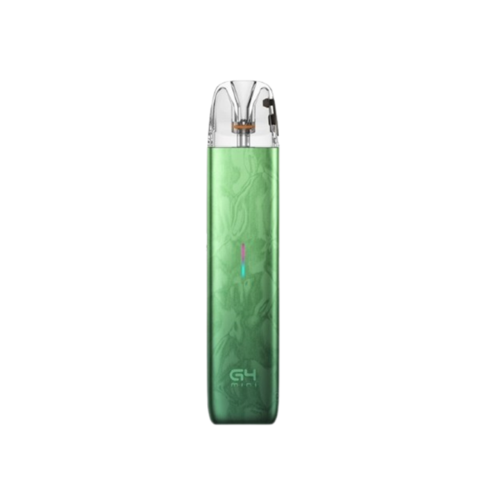 Green vape pod device with a transparent top and LED indicator, standing upright
