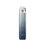 Pod-style vape device with a clear mouthpiece and gradient blue body, featuring a small colored indicator strip near the center and a subtle logo at the bottom.