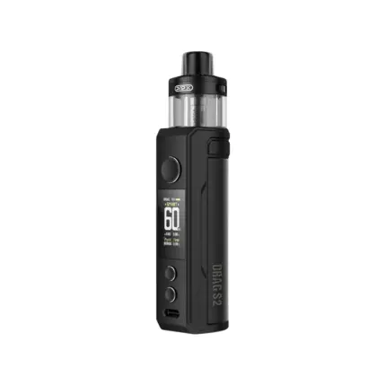 Black PnX Drag S2 vape mod with a top-filled tank and a small digital display showing settings and battery info