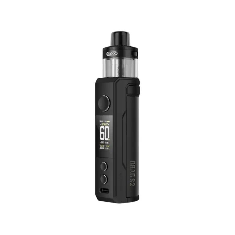 Black PnX Drag S2 vape mod with a top-filled tank and a small digital display showing settings and battery info