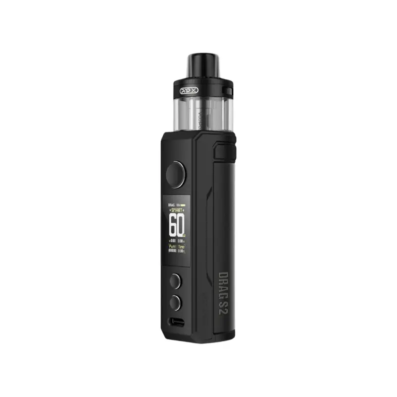 Black PnX Drag S2 vape mod with a top-filled tank and a small digital display showing settings and battery info