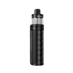Black vape mod with a clear tank, standing upright on a white background.