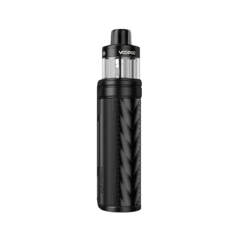 Black vape mod with a clear tank, standing upright on a white background.