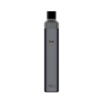Slim gray, cylindrical vape device with a black cap and subtle fox logo in the center, branding at the bottom (KU IHO).