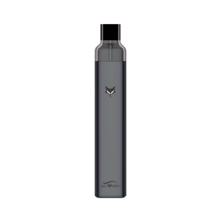 Slim gray, cylindrical vape device with a black cap and subtle fox logo in the center, branding at the bottom (KU IHO).