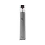 Silver vape pen with a transparent mouthpiece cap and a subtle logo on the body; compact e-cigarette device.