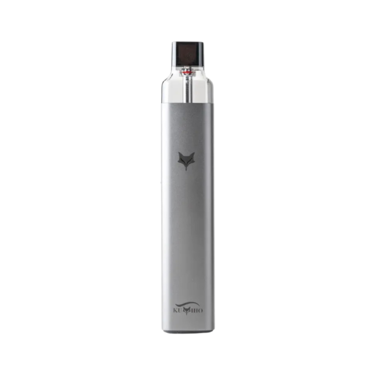 Silver vape pen with a transparent mouthpiece cap and a subtle logo on the body; compact e-cigarette device.