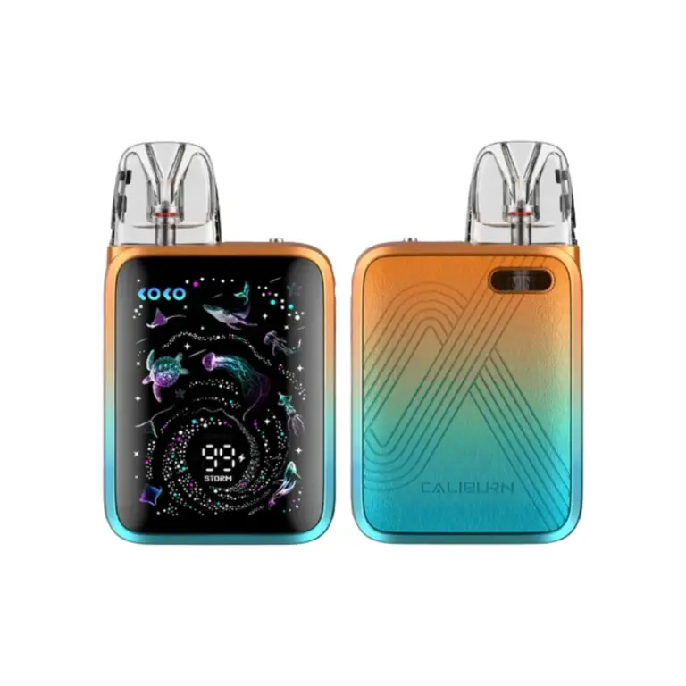 Two Caliburn vape pod devices with orange-to-teal gradient; one shows a colorful screen, both have clear mouthpieces.