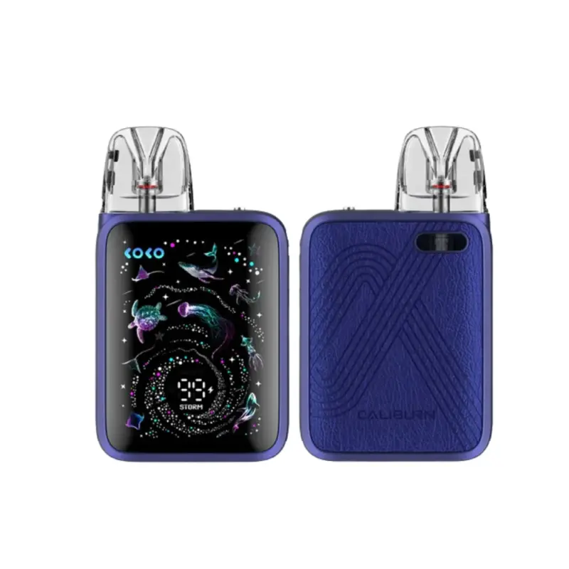 Purple Caliburn vape pod system shown from front and back, two devices side by side with clear mouthpieces and textured back panel.