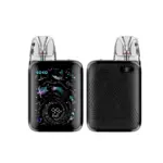 Front and back views of a black Caliburn Koko pod vape; front shows a colorful display, back has a textured pattern.