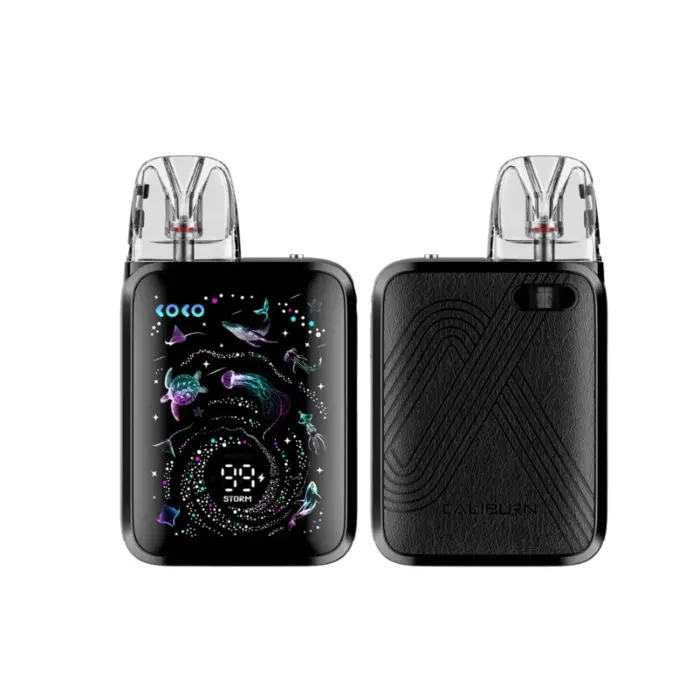 Front and back views of a black Caliburn Koko pod vape; front shows a colorful display, back has a textured pattern.