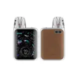 Front and back views of a Caliburn vape pod system: silver frame with a colorful screen on the front and brown leather panel on the back.