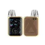 Gold Caliburn pod vape device, front view with colorful display and back panel with geometric pattern and logo.