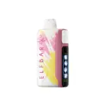 Elfbar disposable vape with a pink body and white-yellow abstract design, shown from the side with a black display panel on the right.