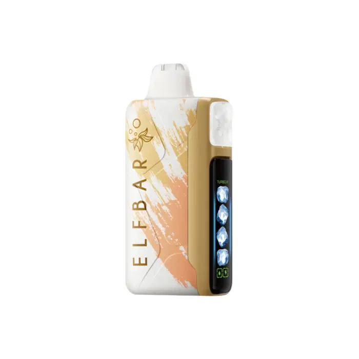 Elf Bar disposable vape device with white-orange splash design and gold side panel, upright with a black screen displaying blue ice icons on the right