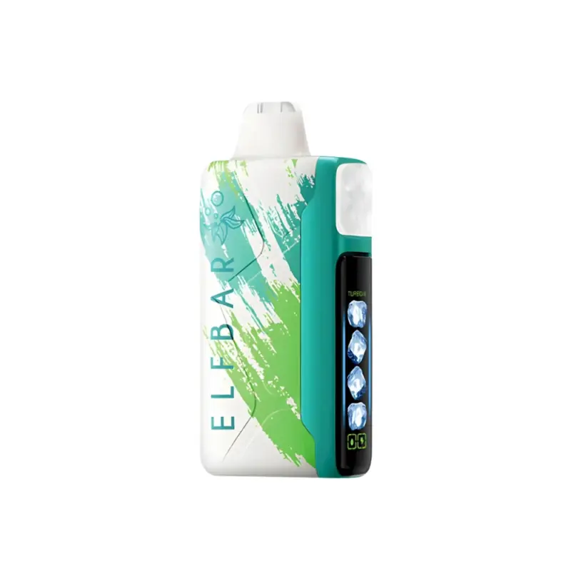 Elf Bar disposable vape with turquoise-green body and white/green abstract design.
