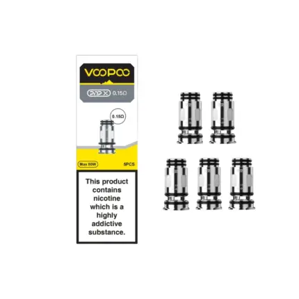 Five VooPoo PnP vape coils beside their packaging, which shows 0.15Ω resistance and an 80W limit, plus a nicotine warning.