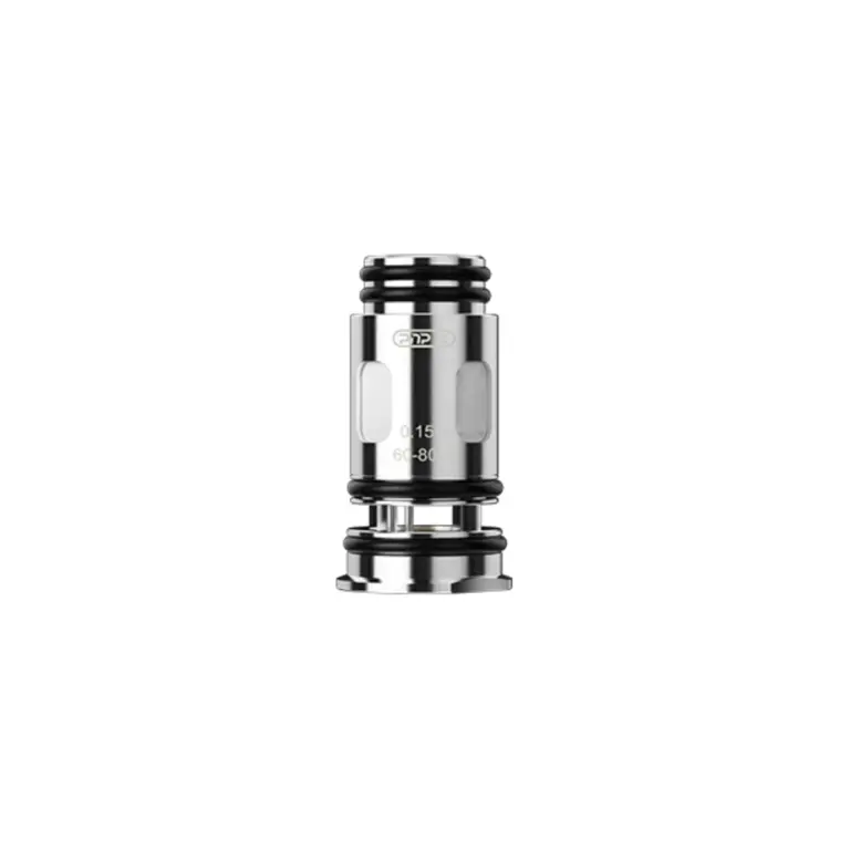 Chrome vape coil/atomizer head with black o-rings and a clear window showing ratings on the side
