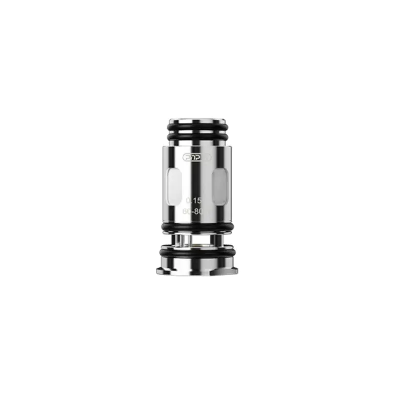 Chrome vape coil/atomizer head with black o-rings and a clear window showing ratings on the side