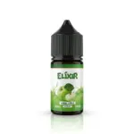 Bottle of Elixir e-liquid with green apple flavor, 30 ml, 30 mg nicotine salt, green label and dropper cap on white background