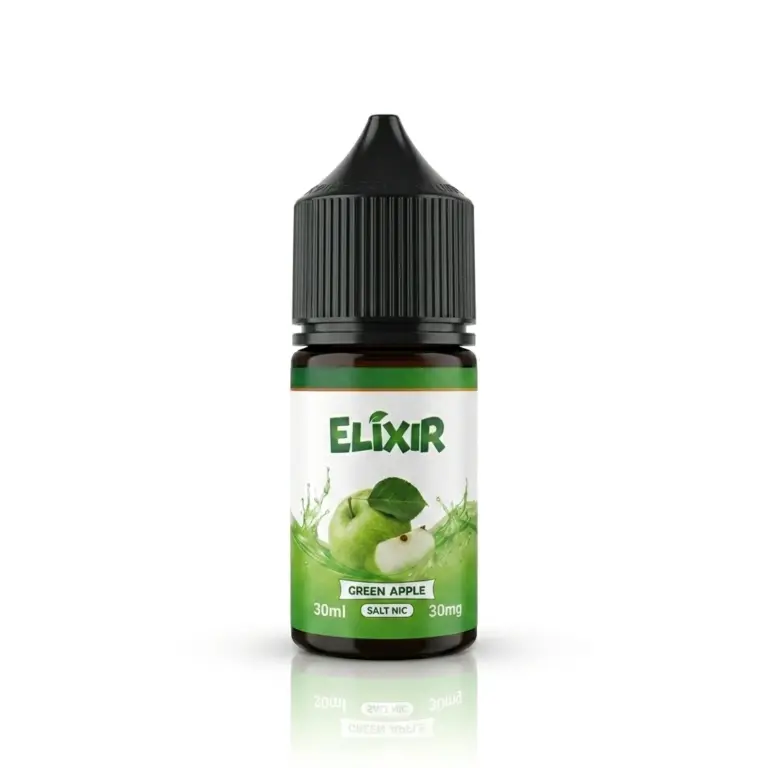 Bottle of Elixir e-liquid with green apple flavor, 30 ml, 30 mg nicotine salt, green label and dropper cap on white background