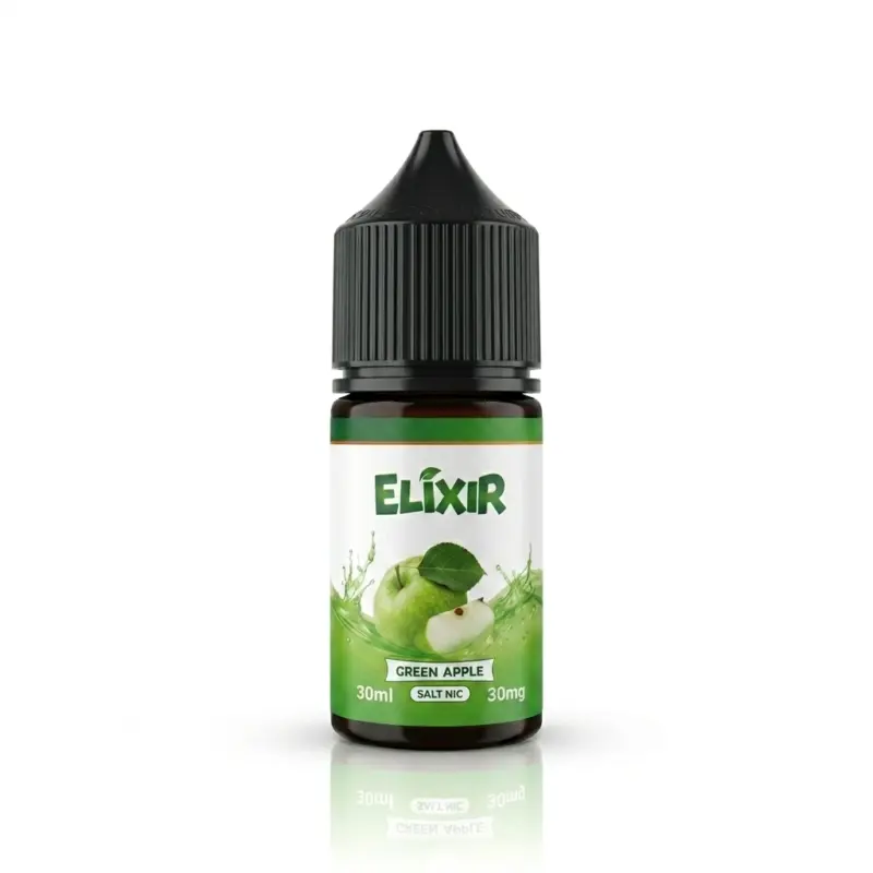 Bottle of Elixir e-liquid with green apple flavor, 30 ml, 30 mg nicotine salt, green label and dropper cap on white background