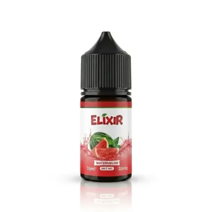 E-liquid bottle labeled Elixir watermelon flavor with a watermelon image on a white background (30 ml, 30 mg salt nicotine)