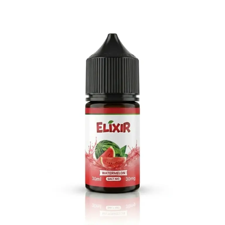 E-liquid bottle labeled Elixir watermelon flavor with a watermelon image on a white background (30 ml, 30 mg salt nicotine)