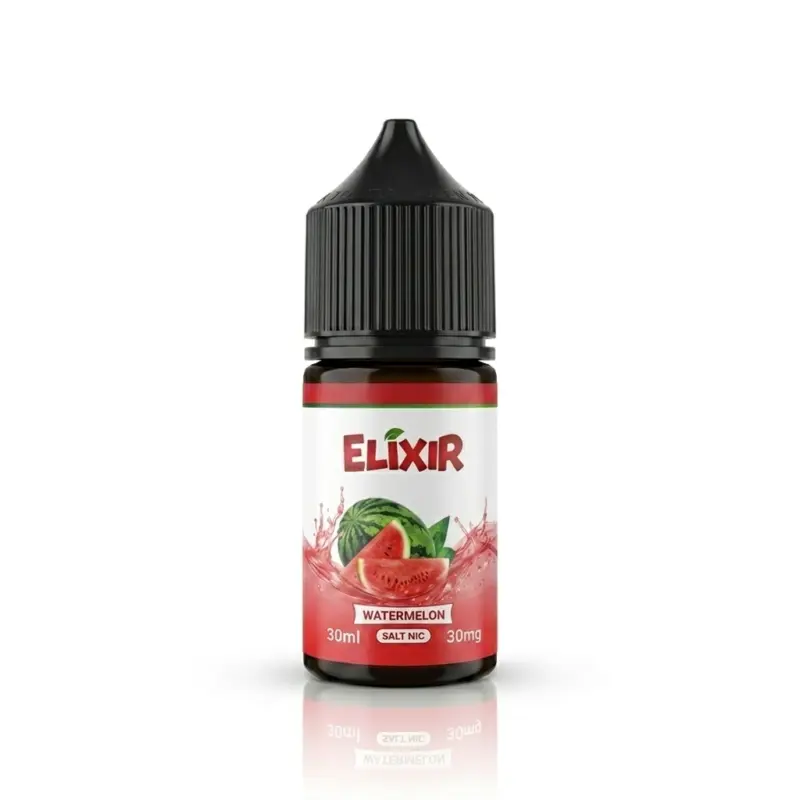 E-liquid bottle labeled Elixir watermelon flavor with a watermelon image on a white background (30 ml, 30 mg salt nicotine)