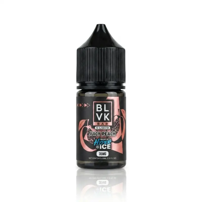 Bottle of BLVK Bar e-liquid labeled Juicy Peach with Hyper Ice, 35mg nicotine strength