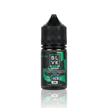 E-liquid bottle labeled BLVK Bar Double Spearmint with Hyper Ice, 35 mg nicotine, on a white background with a green leaf design.