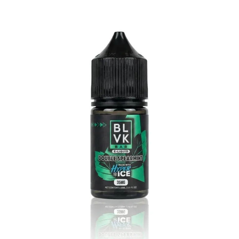 E-liquid bottle labeled BLVK Bar Double Spearmint with Hyper Ice, 35 mg nicotine, on a white background with a green leaf design.