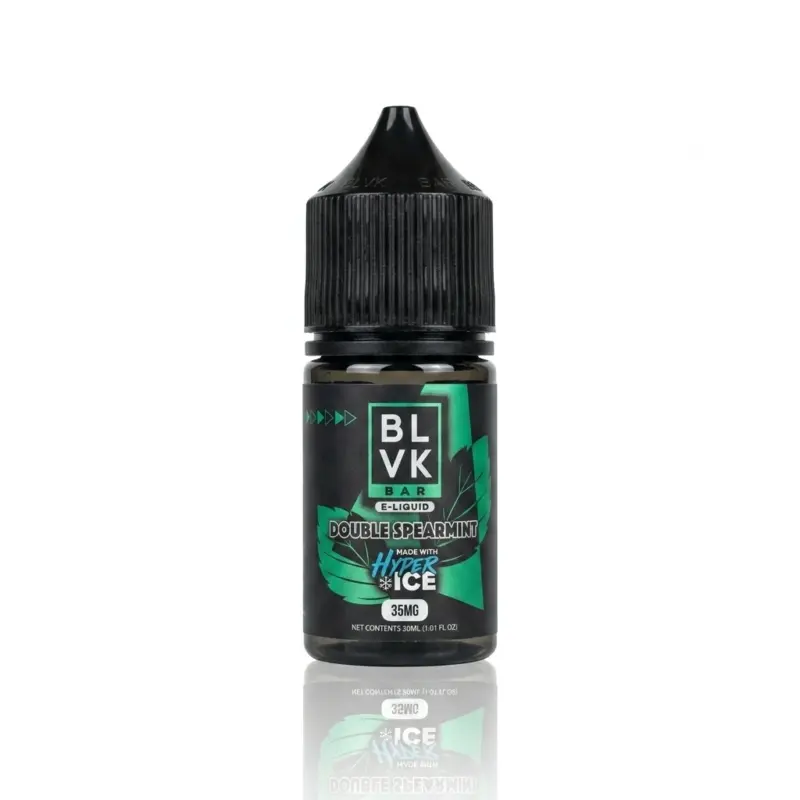 E-liquid bottle labeled BLVK Bar Double Spearmint with Hyper Ice, 35 mg nicotine, on a white background with a green leaf design.