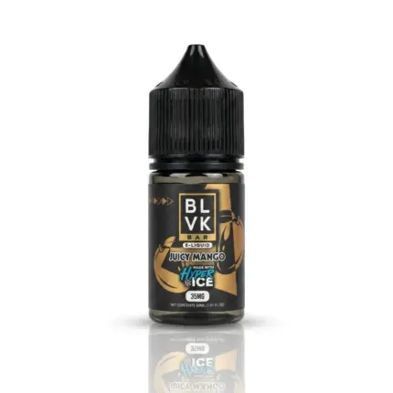E-liquid bottle for vaping labeled BLVK Bar Juicy Mango with gold mango artwork on a white background, black cap