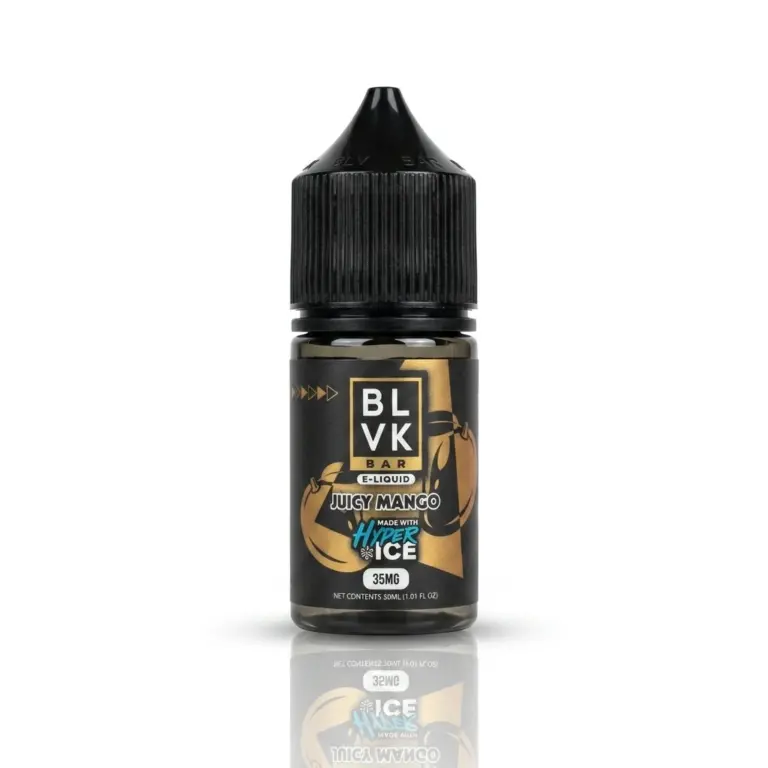 E-liquid bottle for vaping labeled BLVK Bar Juicy Mango with gold mango artwork on a white background, black cap