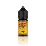 Amber dropper bottle with a black childproof cap, labeled Harvest Heaven Mango Gold e-liquid (30ml, 50mg).