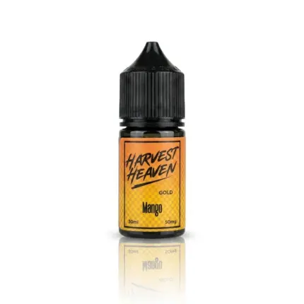 Amber dropper bottle with a black childproof cap, labeled Harvest Heaven Mango Gold e-liquid (30ml, 50mg).