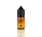 E-liquid bottle labeled Harvest Heaven Gold Mango, 30 ml, 30 mg, with an orange checkered label and black dropper cap.