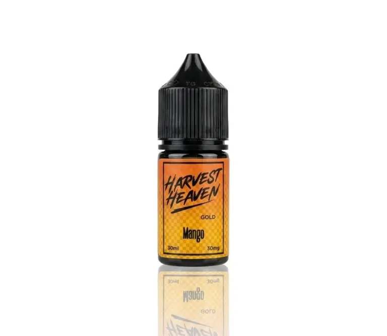 E-liquid bottle labeled Harvest Heaven Gold Mango, 30 ml, 30 mg, with an orange checkered label and black dropper cap.