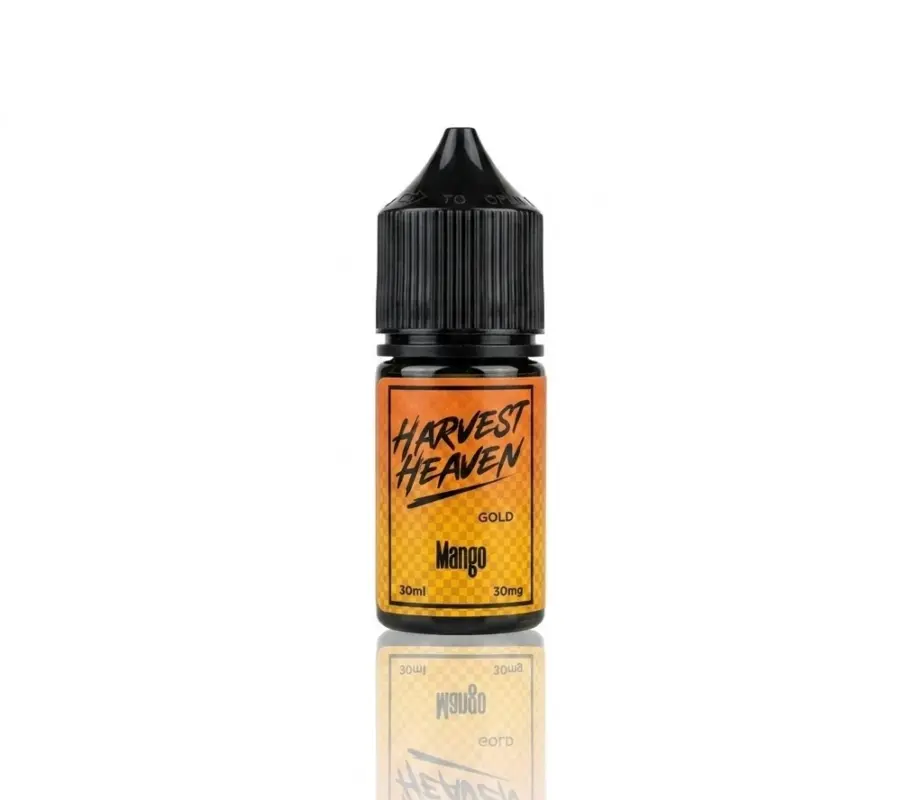 E-liquid bottle labeled Harvest Heaven Gold Mango, 30 ml, 30 mg, with an orange checkered label and black dropper cap.
