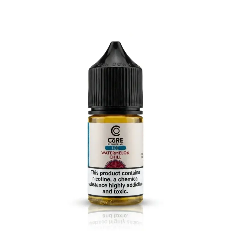 An amber e-liquid bottle with a black child-resistant cap, labeled 'Core Watermelon Chill' with a nicotine warning at the bottom.