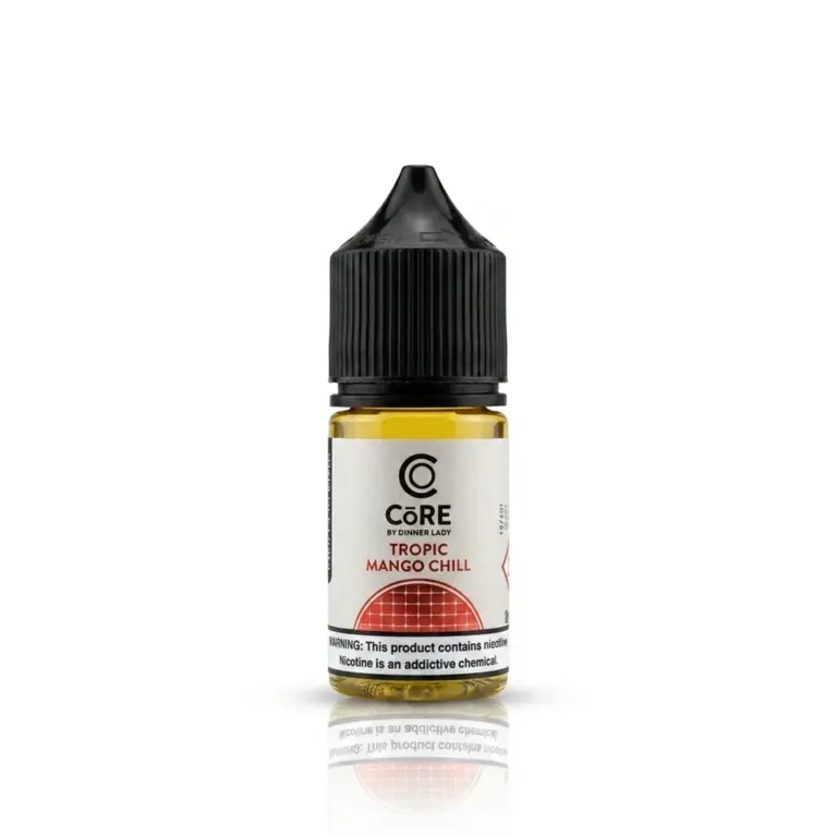 E-liquid bottle with a black cap, labeled Core by Dinner Lady, Tropic Mango Chill, showing a yellow liquid inside.