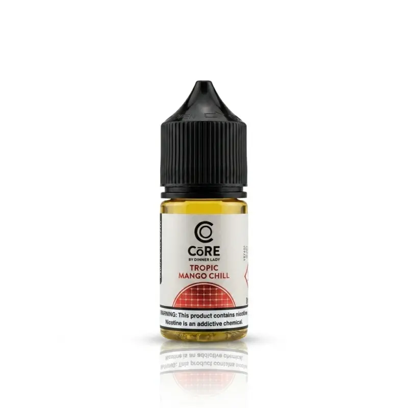 E-liquid bottle with a black cap, labeled Core by Dinner Lady, Tropic Mango Chill, showing a yellow liquid inside.