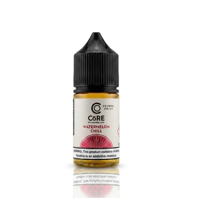 Bottle of CORE Watermelon Chill e-liquid with drop-top cap, label showing flavor and nicotine warning.