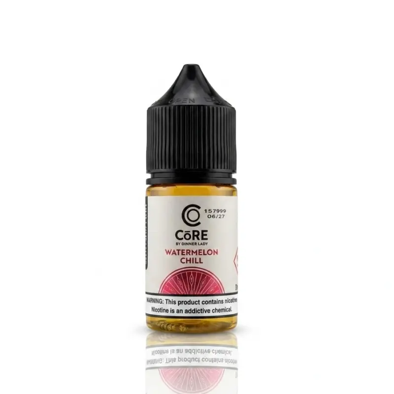Bottle of CORE Watermelon Chill e-liquid with drop-top cap, label showing flavor and nicotine warning.